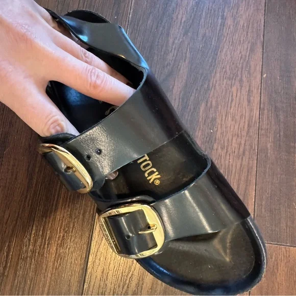Birkenstock Black Sandals with Gold Buckles - Picture 3 of 7